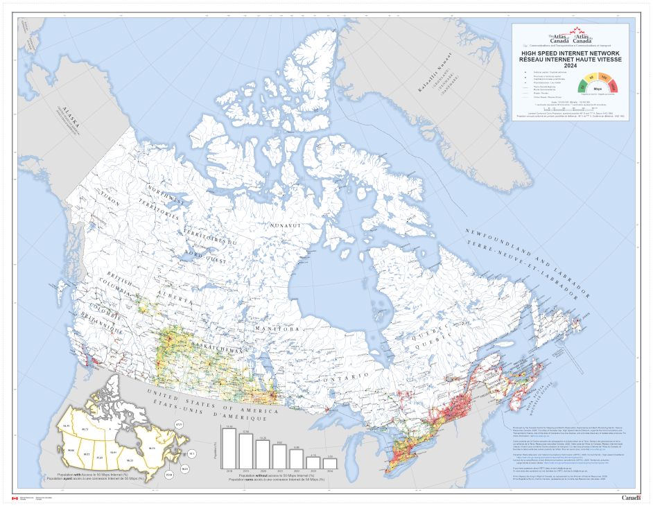 Map of Canada showing the high speed internet network