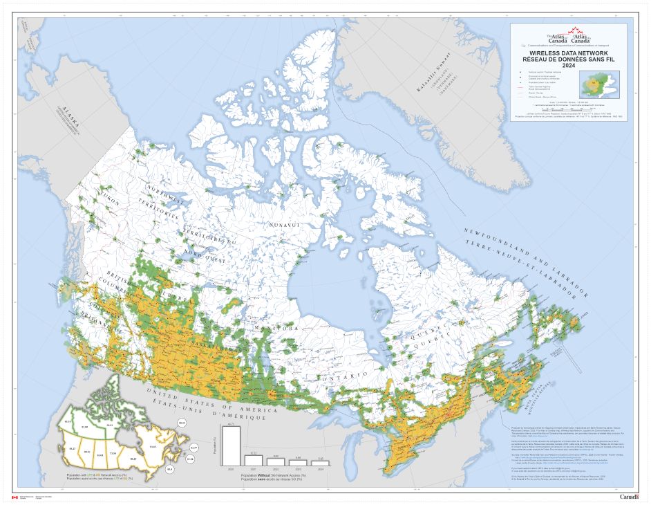 Map of Canada showing the 5G and LTE wireless data networks