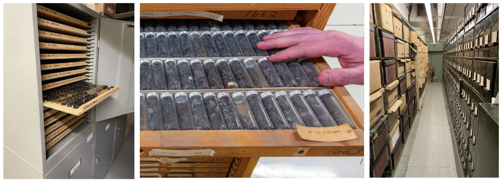 Three images show wooden drawers and cabinets filled with rows of labelled geological samples and a narrow aisle lined with sample storage cabinets. 
