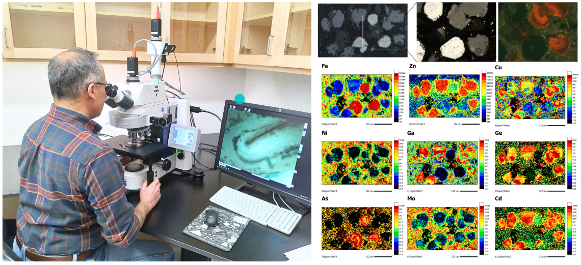 Three images show a scientist operating laboratory equipment, rows of labelled geological samples and a scientist examining samples with a microscope. 