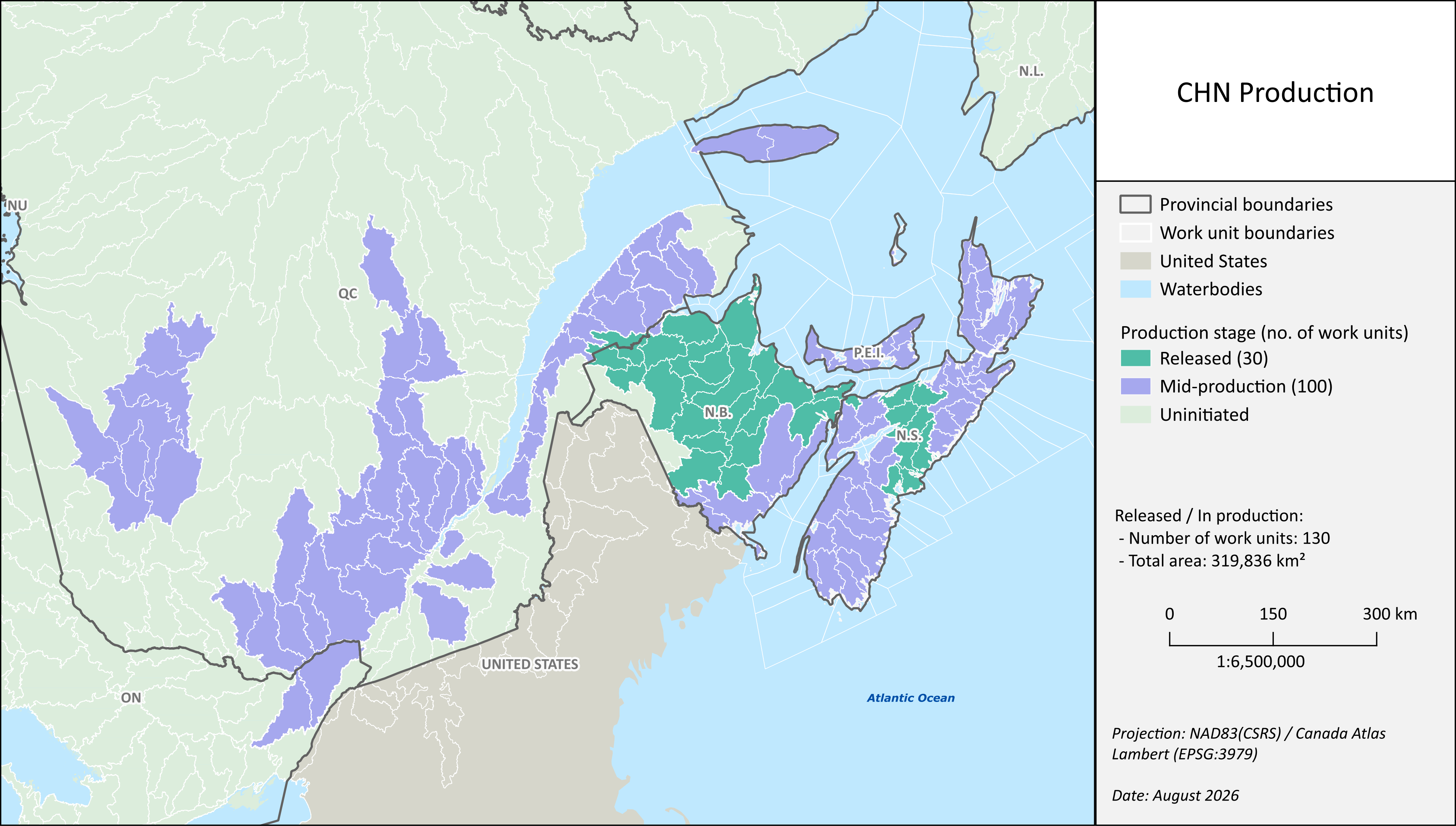 A map showing the locations of work units of the Canadian Hydrospatial Network.