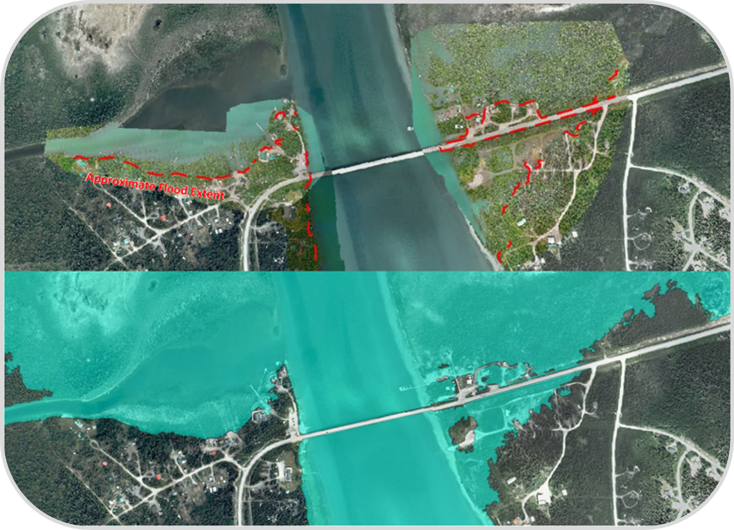 Two aerial images of the probability of the extent of a flood in relation to the mapped flood zones.