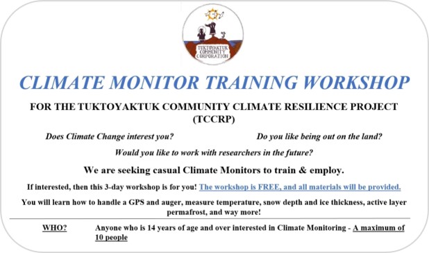 Poster announcing a climate monitoring training workshop for the community of Tuktoyaktuk.