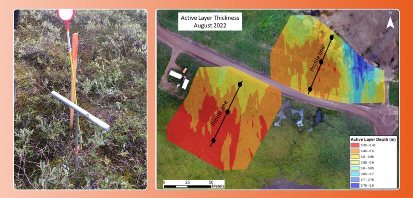 Photograph of a tool measuring permafrost and a map showing the variability in the thickness of the active layer.