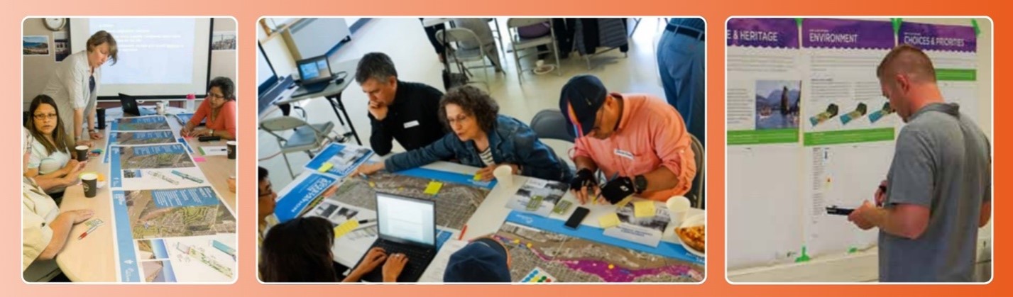 Two group photographs of people examining maps and one photo of a person in front of posters.