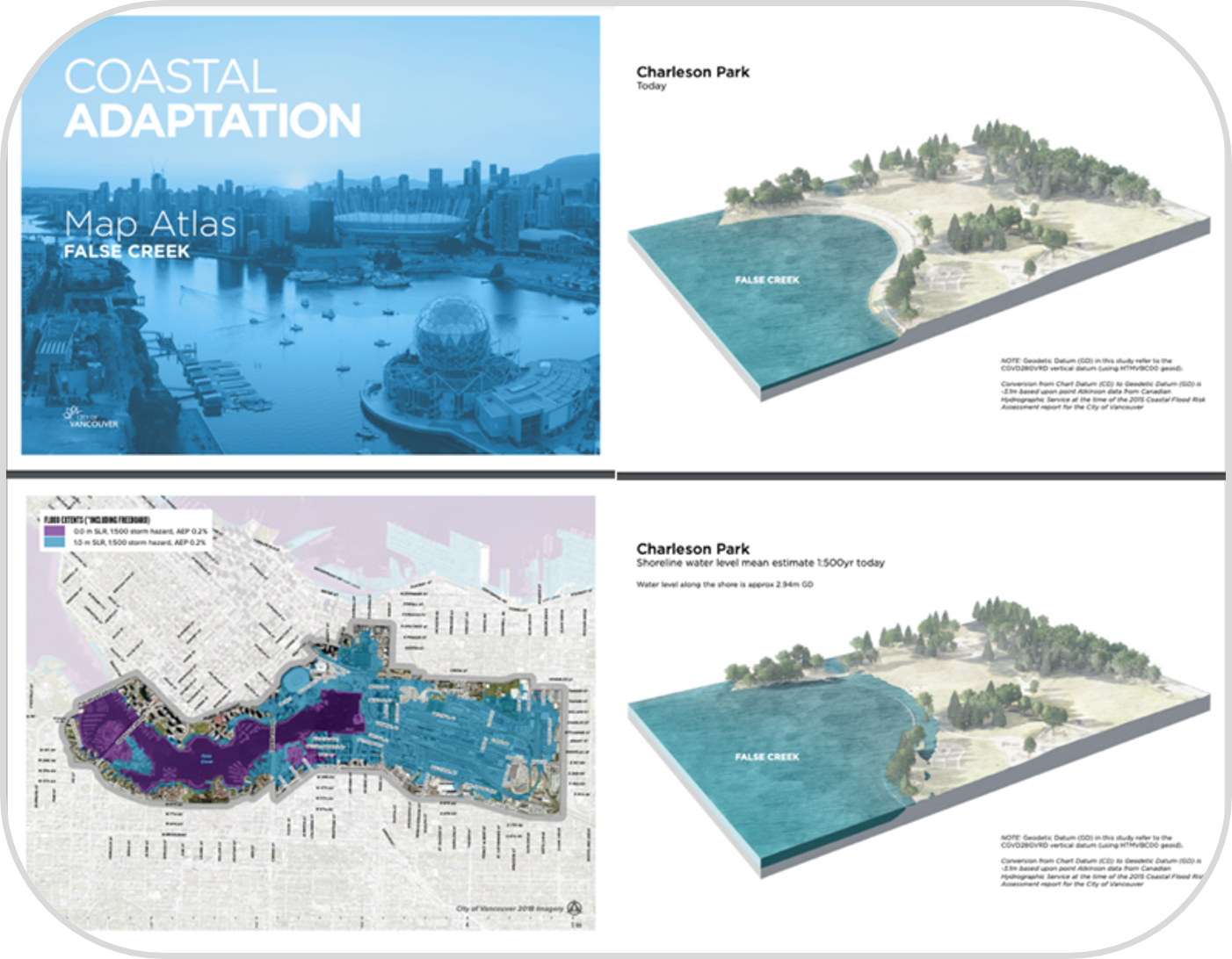 Photo, 3D landscape models and map of current and projected flood conditions for False Creek Bay.