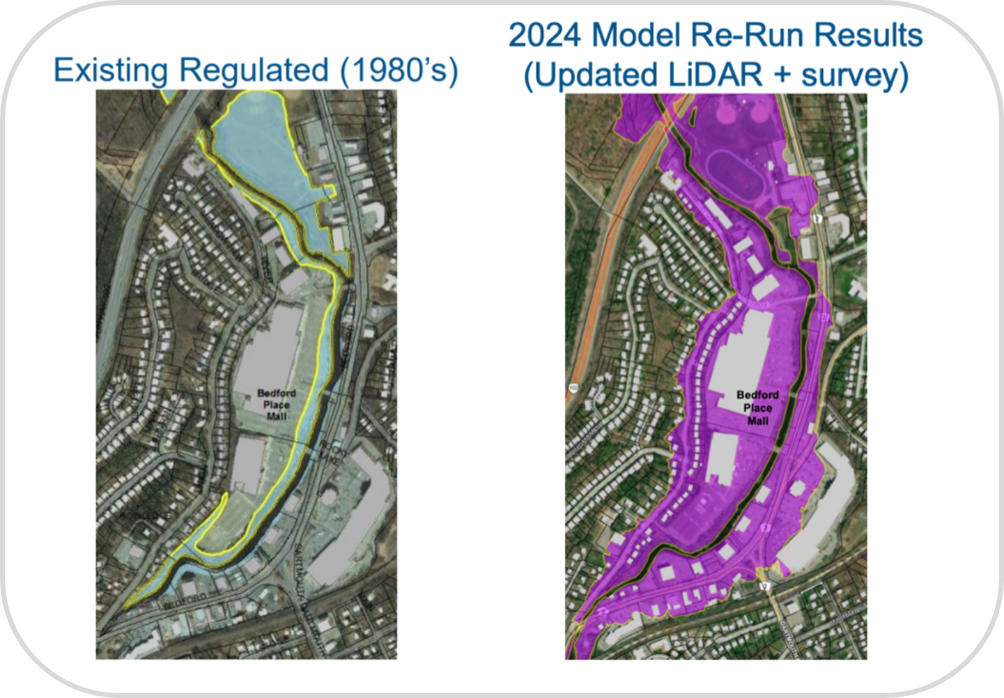 Maps comparing the regulatory flood zone in the 1980s and the expanded flood area of 2024.