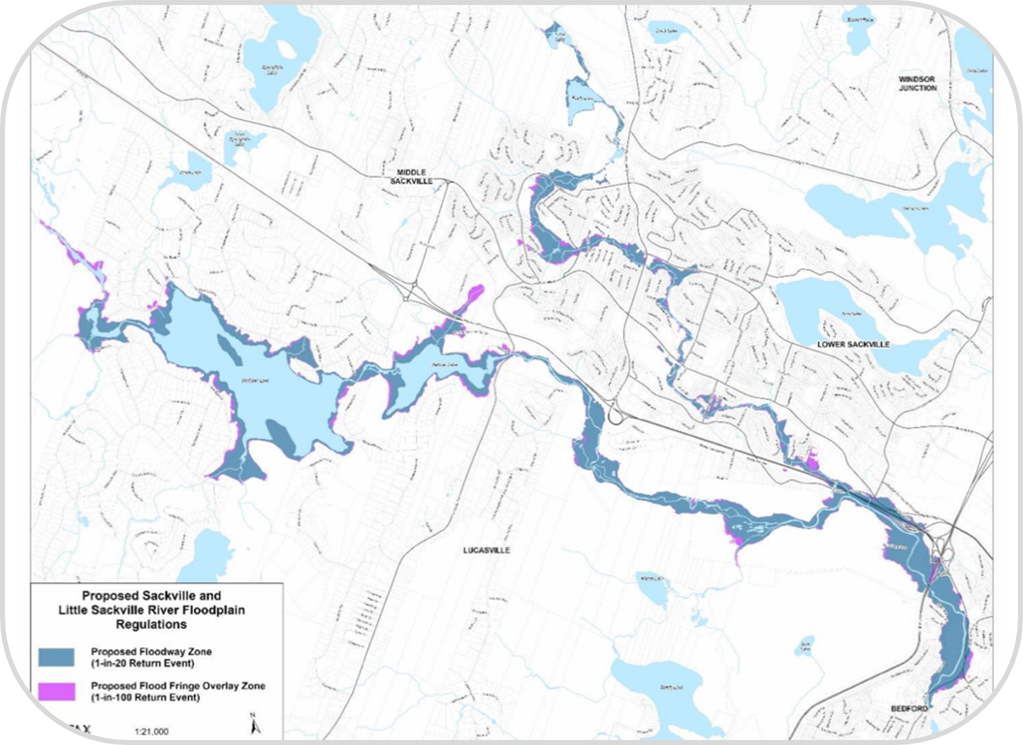 Map showing primary and secondary flood zones along the Sackville and Little Sackville rivers.