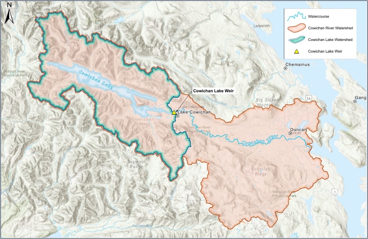 Map of Cowichan River and Lake watersheds showing waterways, watershed boundaries, and lake weir.