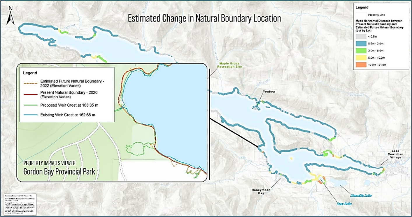 Map of projected Cowichan Lake shoreline changes with color-coded boundary shift distances.