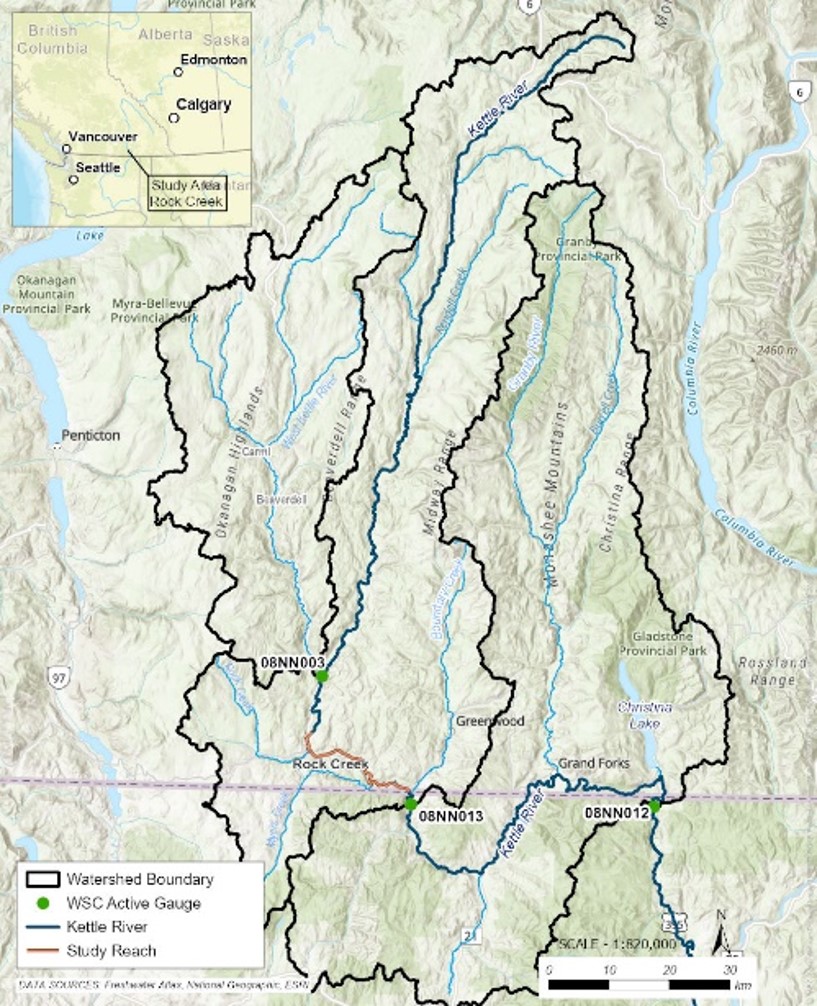 Map of the Kettle River watershed showing sub-basins, gauging stations, and study reaches.