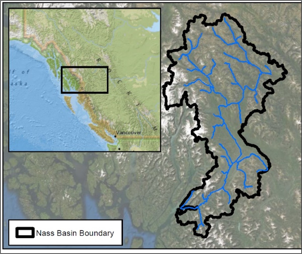 Map of the Nass River basin showing watershed boundaries, streams, and regional location inset.