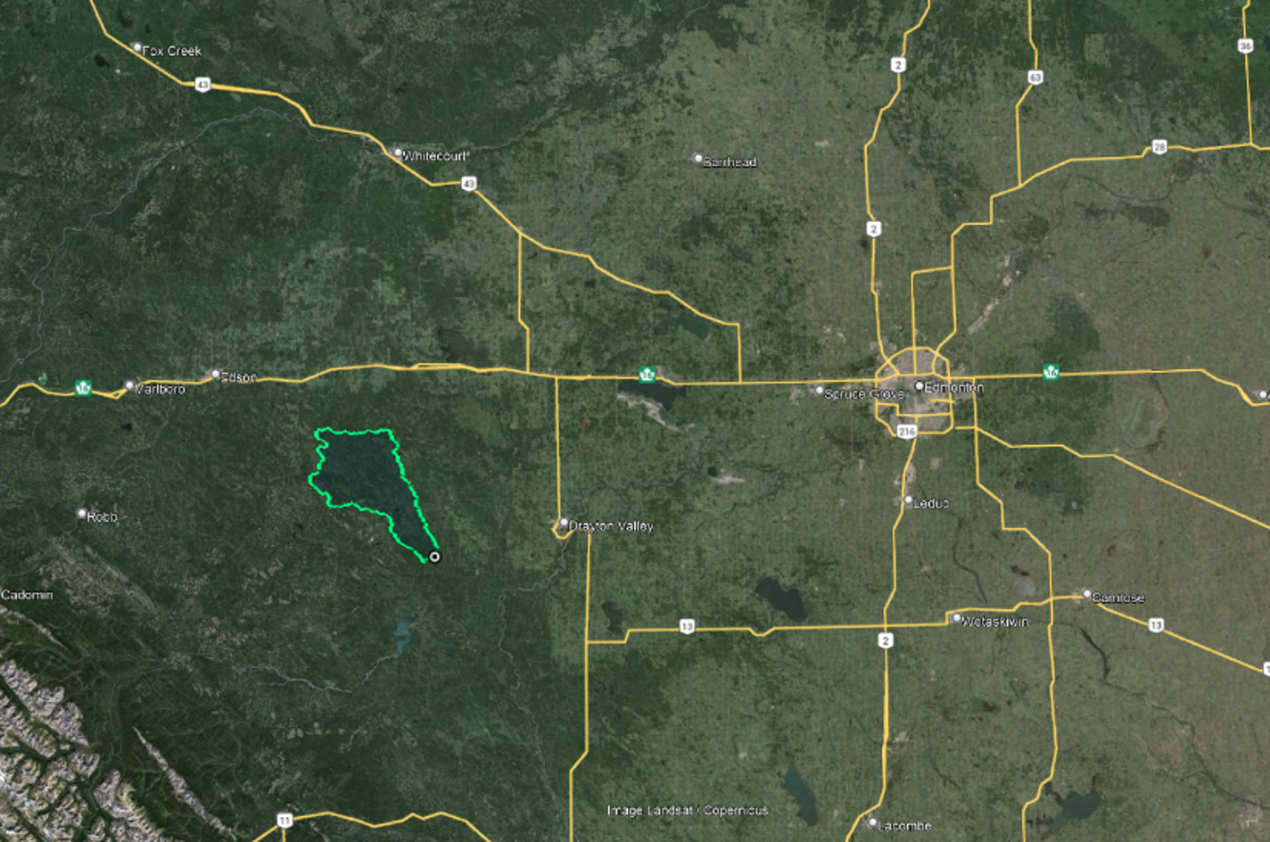 Satellite map of central Alberta showing a watershed boundary west of Edmonton near Drayton Valley.