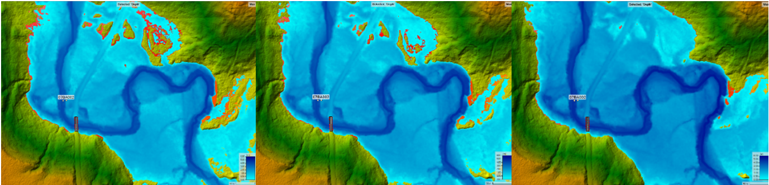 Three bathymetric maps comparing water depth and shoreline extent under different lake levels.