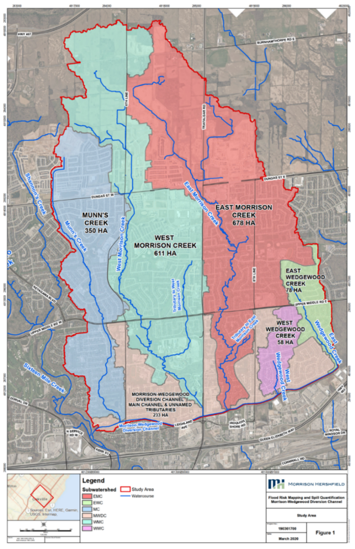 Map of Morrison Creek subwatersheds, streams, and study area boundaries in Oakville, Ontario.