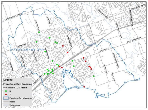 Map of Frenchman’s Bay watershed showing road crossings and locations meeting or failing criteria.