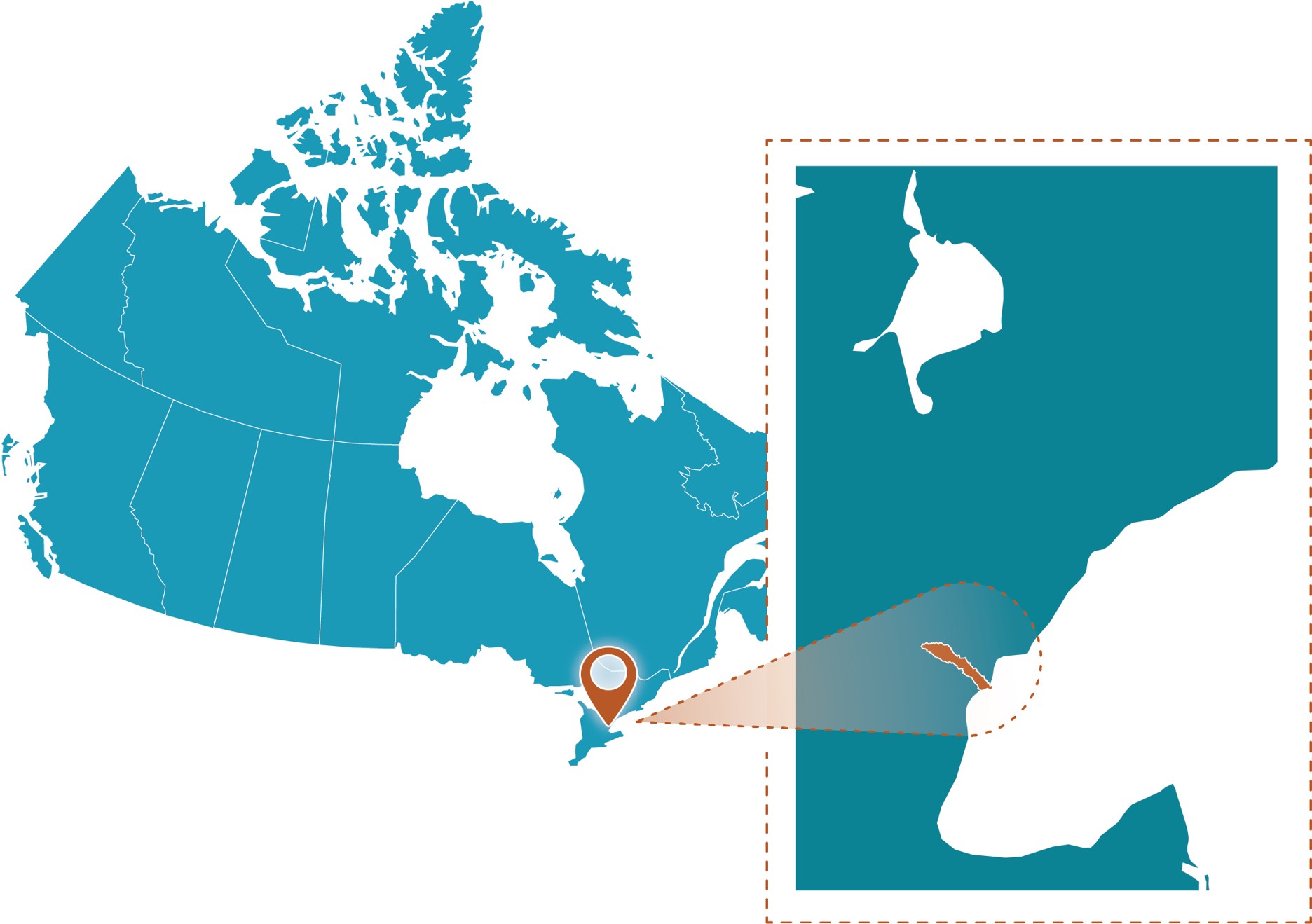 Map of Canada and Ontario highlighting Frenchman’s Bay in Pickering with a location inset.
