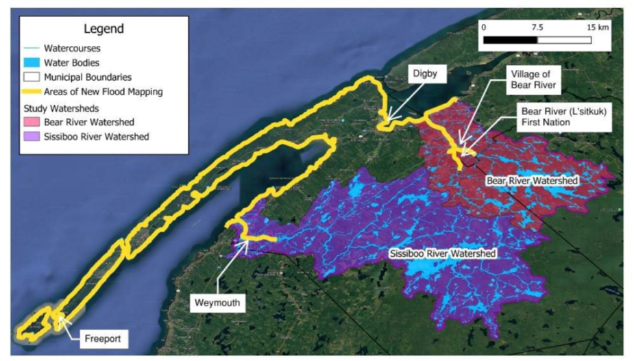 Map of Bear and Sissiboo River watersheds showing flood mapping areas and nearby communities.