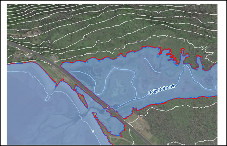 Floodplain map of Hight Brook showing inundation extent, contours, streams, and road crossing.