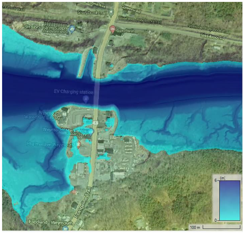 Bathymetry map of Weymouth showing river depths, shoreline features, roads, and bridge crossing.
