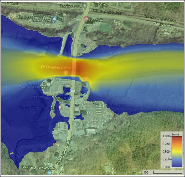 Velocity map of Weymouth river channel showing highest flow speeds beneath the bridge crossing.