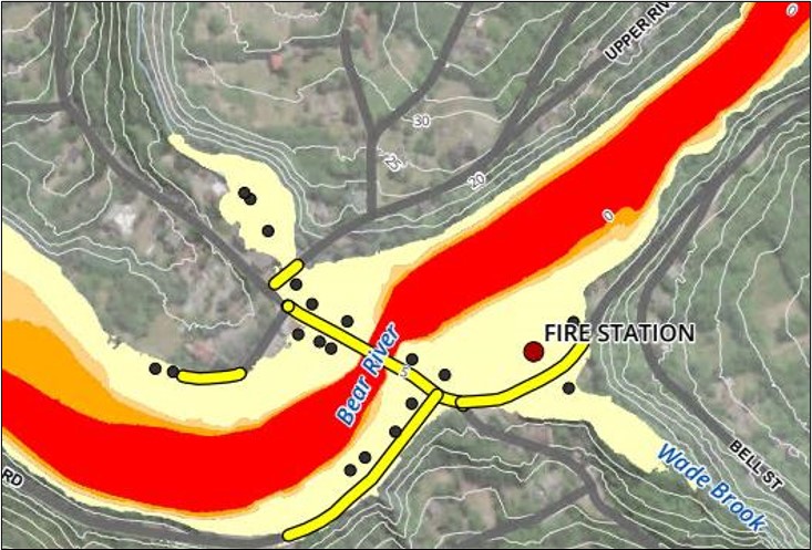 Flood hazard map of the Bear River showing flood zones, roads, structures, and fire station.