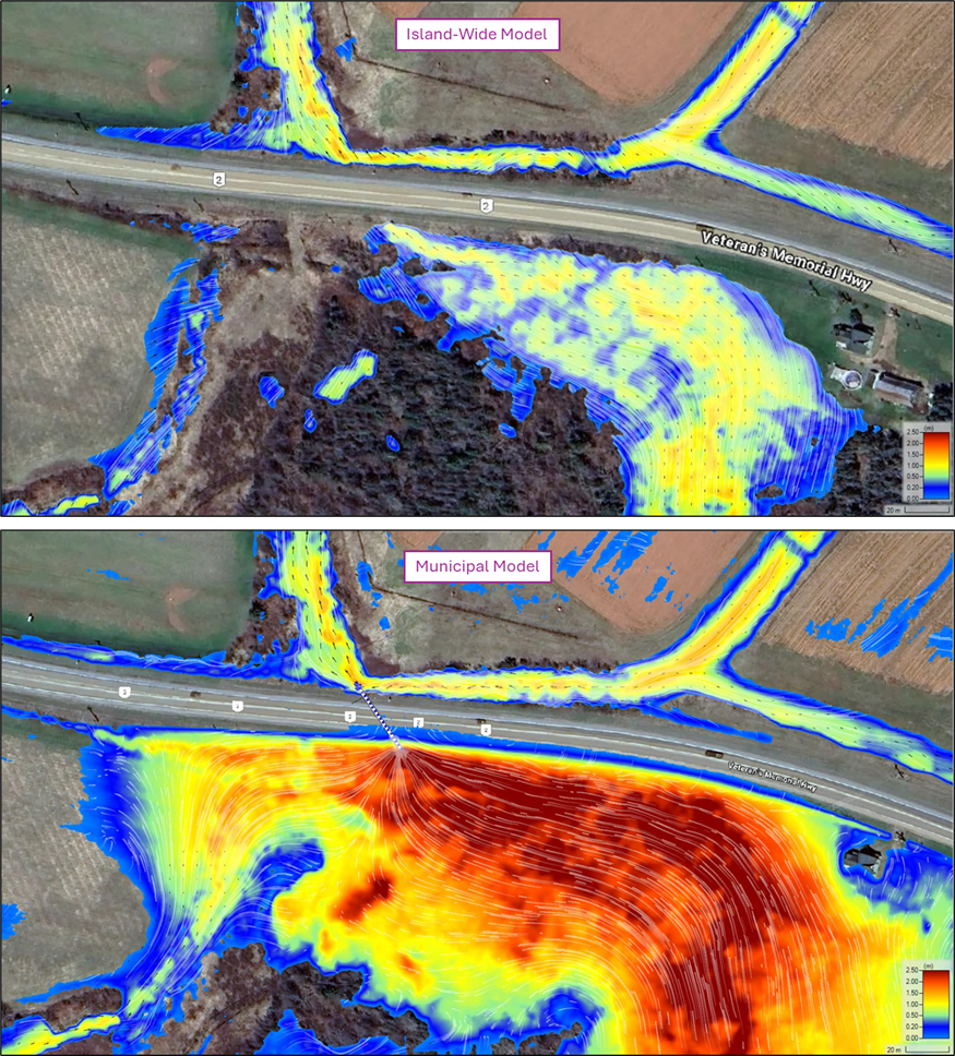 Comparison of island-wide and municipal flow models showing flood depths and flow patterns near a road.