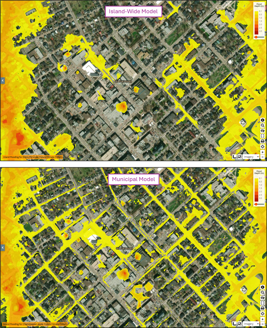 Comparison of island-wide and municipal flood models showing flood depths across downtown Charlottetown.