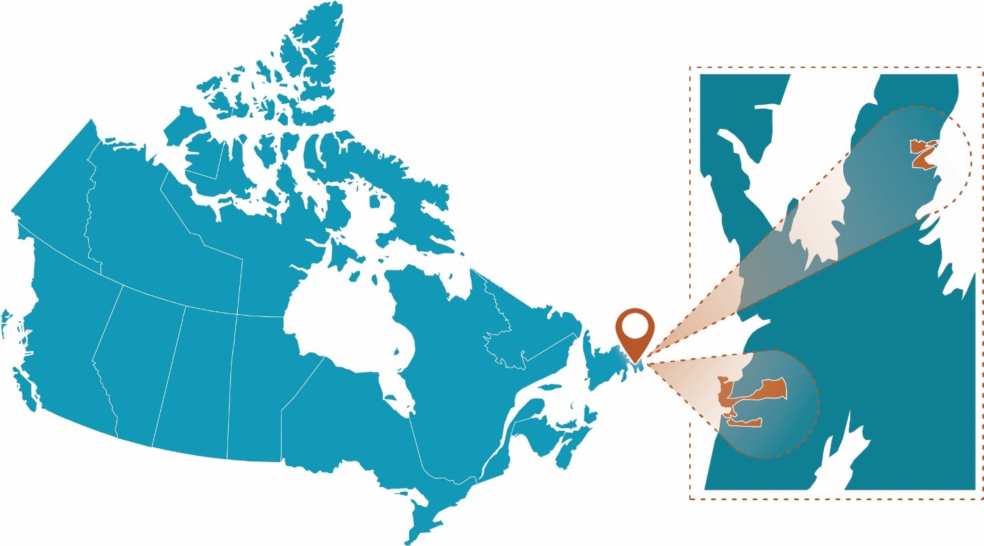 Map of Canada highlighting Prince Edward Island with insets showing two coastal study areas.