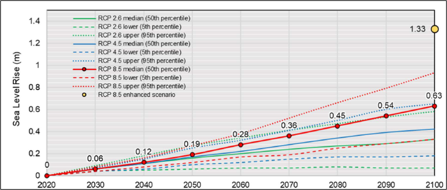 Line graph of projected sea level rise under RCP scenarios.