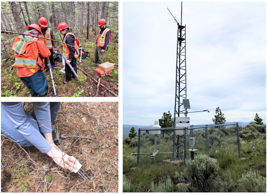Three photographs show researchers setting up equipment in a forest, a close-up of a soil moisture probe being installed and a fire weather station on a metal tower in British Columbia, located elsewhere throughout the country to collect the weather data used in the FWI System.