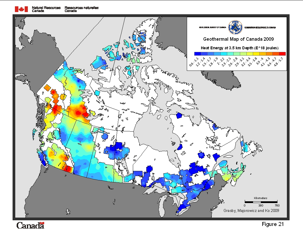 Map of Canada showing geothermal heat energy at a depth of 3.5 kilometres. Colours range from blue for lower heat energy to red for higher heat energy. Higher values are concentrated in parts of British Columbia, Yukon and the Northwest Territories, with other mapped areas extending across southern and eastern Canada.