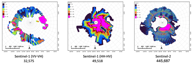 Three colourful circumpolar maps of the Arctic showing how many satellite images were used to classify different areas.