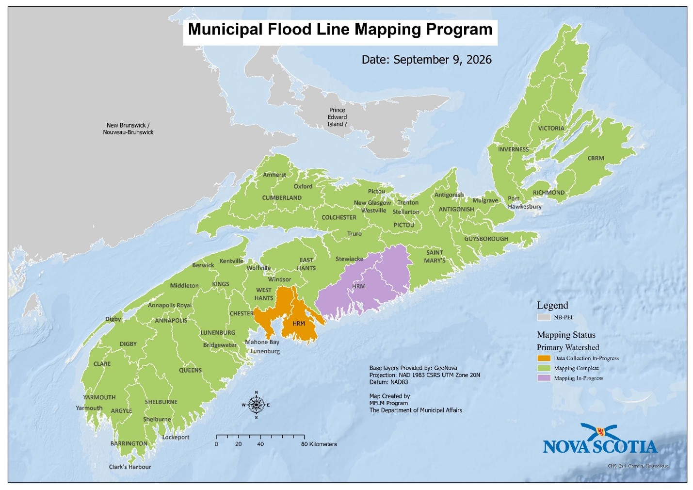 A map of Nova Scotia map showing the progress of the  Municipal Flood Line Mapping Program.