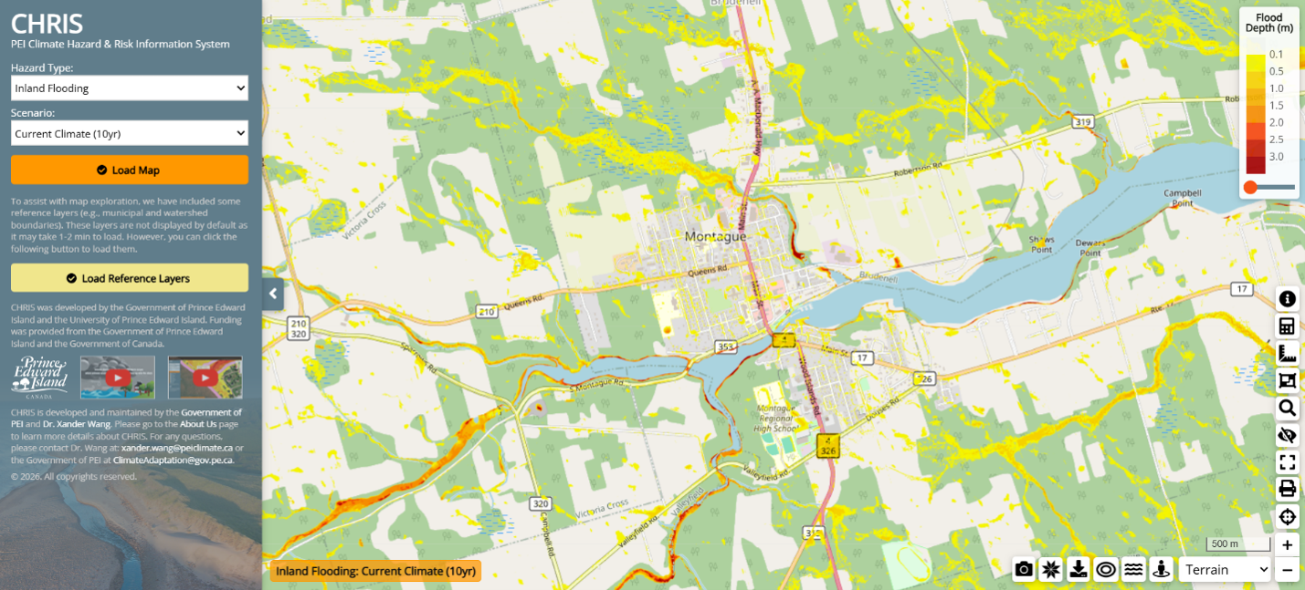 A screenshot of an interactive map from the PEI Climate Hazard and Risk Information System.