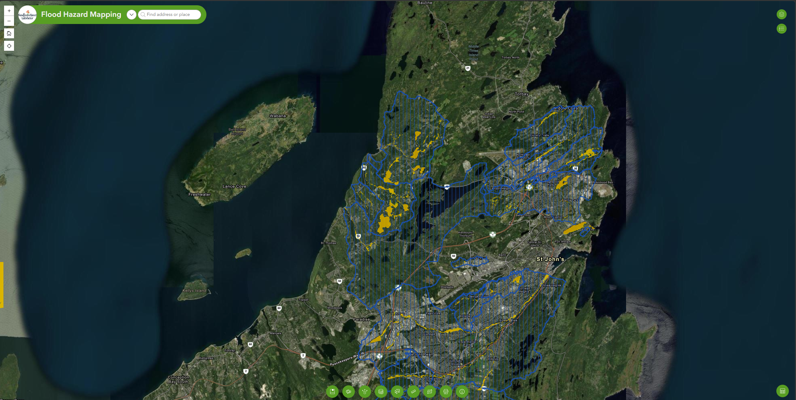 A screenshot of an interactive map from the Newfoundland and Labrador Flood Hazard mapping portal.