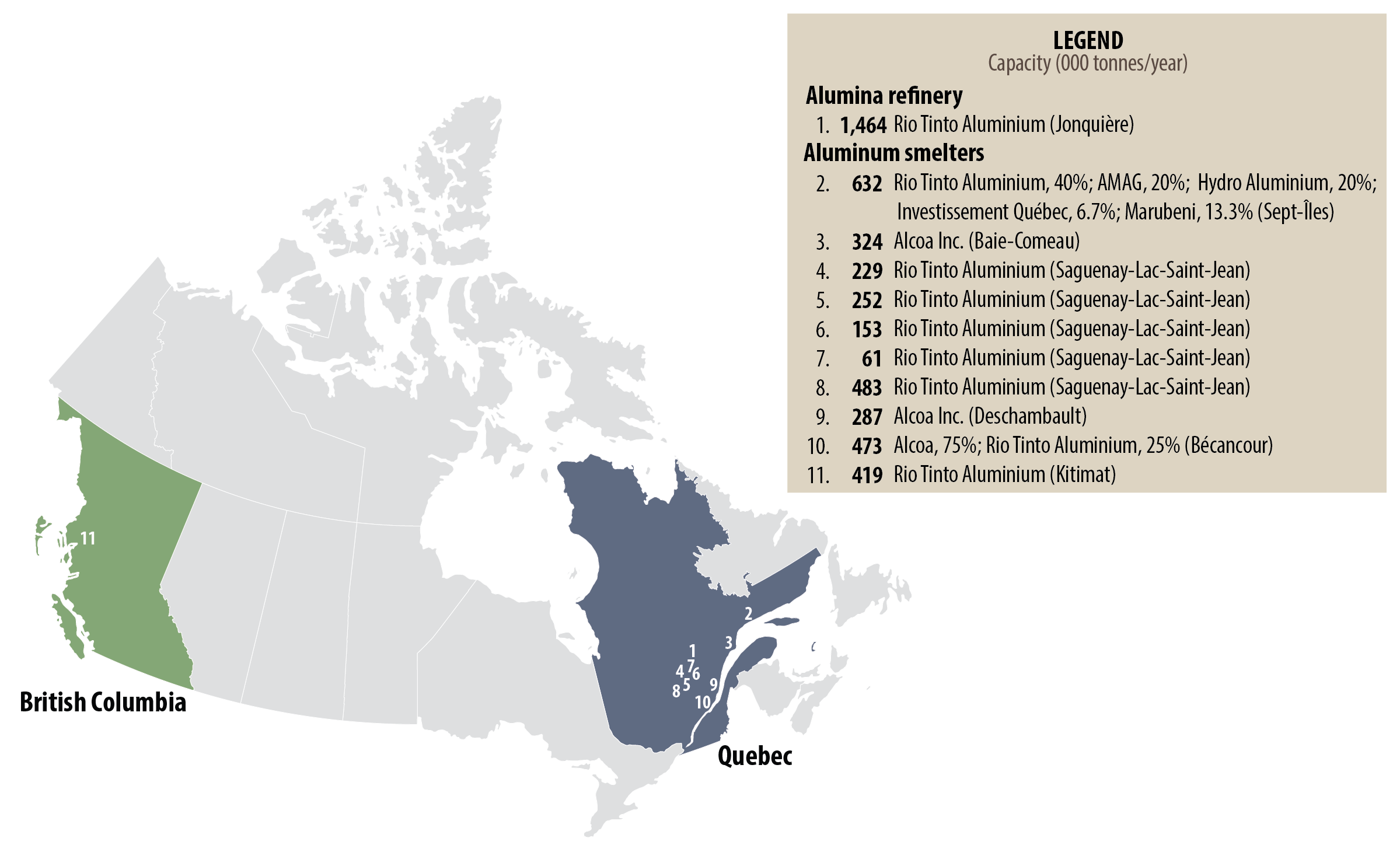 map of aluminum smelters in Canada