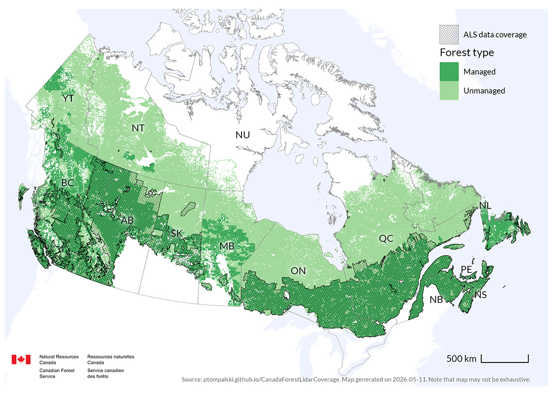 Map of Canada showing coverage of airborne lidar data (dark green) among forested ecozones (light green).