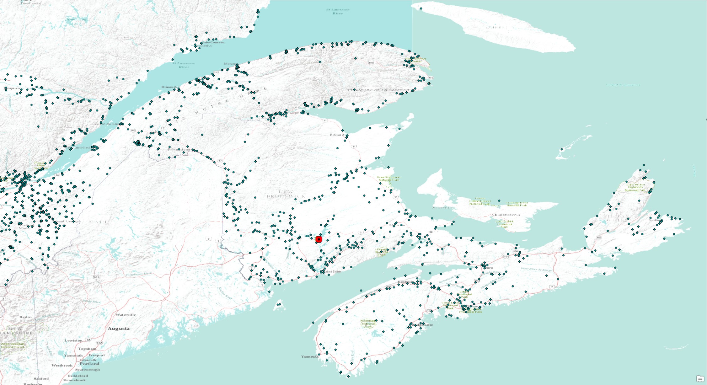 A screenshot of the historical flood events data layer for southern Atlantic Canada. Each blue point represents a documented flood event.