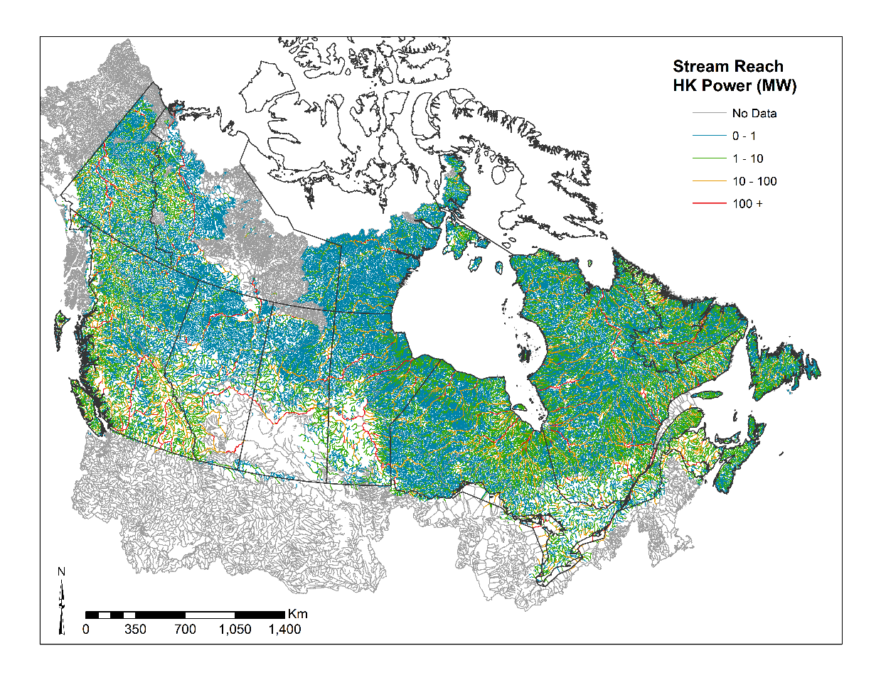 Map of Canada demonstrating the estimated hydrokinetic power across the country, indicated by colour.