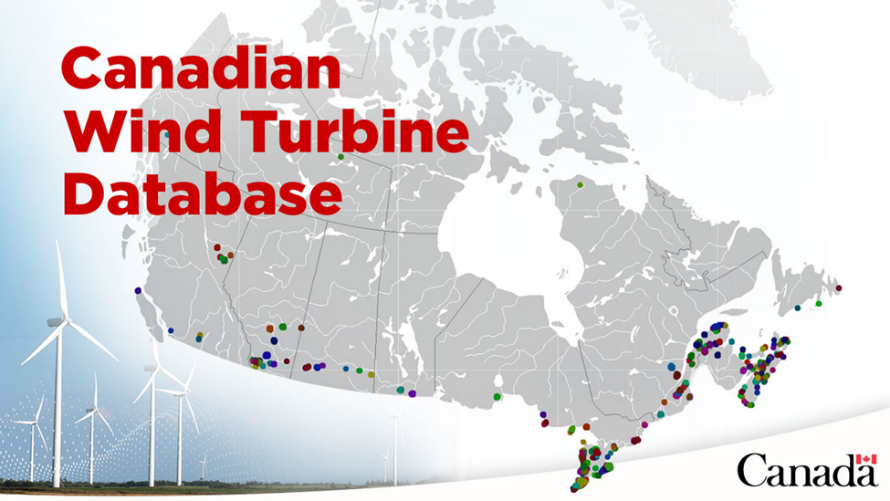Screen capture of the Canadian Wind Turbine Database, displaying the locations of wind energy assets in Canada via dots overlaid on a map of Canada.