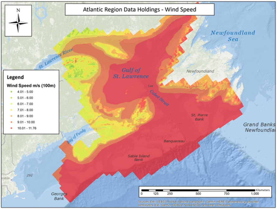Map of Atlantic Canada with modelled wind speed represented by a colour scale.
