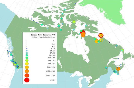 A map of Canada indicating potential hot spots of tidal current energy resources around Canada. See text equivalent.