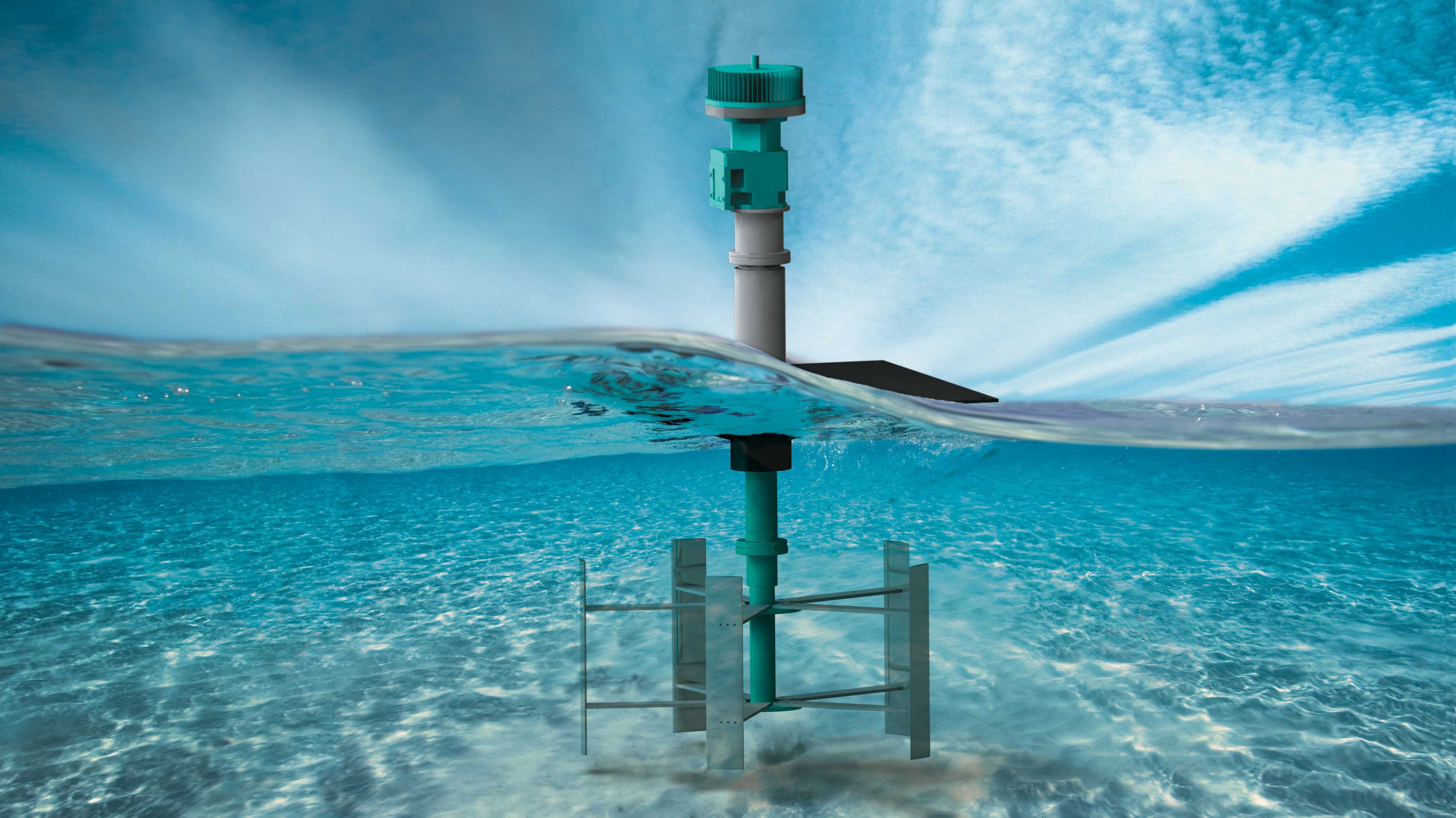 Computer rendering of a river hydrokinetic turbine, with a view of the turbine from both above and under the water.
