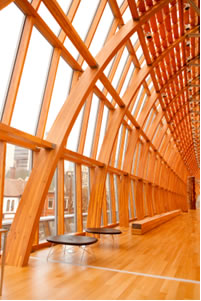 The inside of a building showing engineered wood beams.