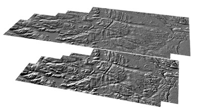 A comparison of a LiDAR derived 2m digital terrain model (bottom) compared to the Ontario Base Map 10m digital terrain model product (top).