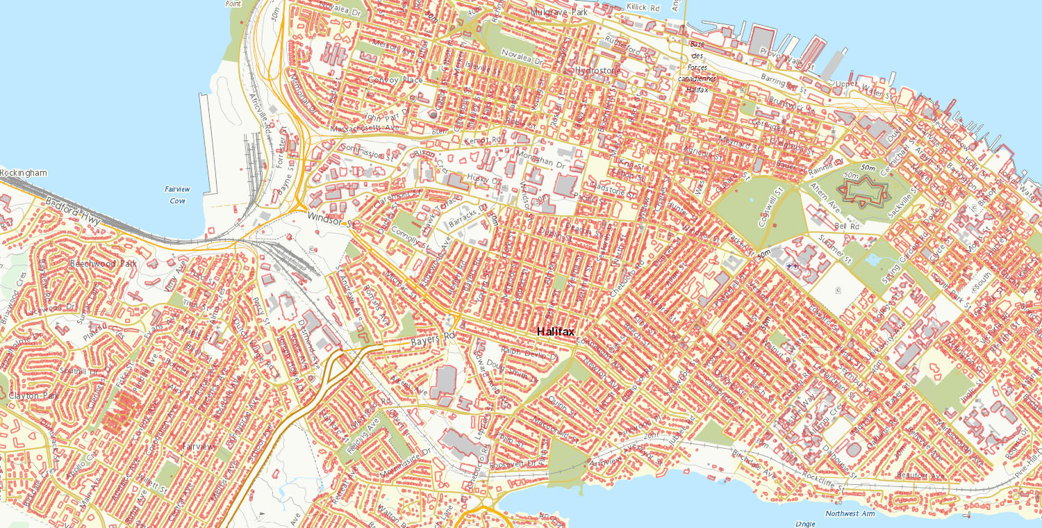 Halifax map showing building footprints, green spaces, roads and water bodies.