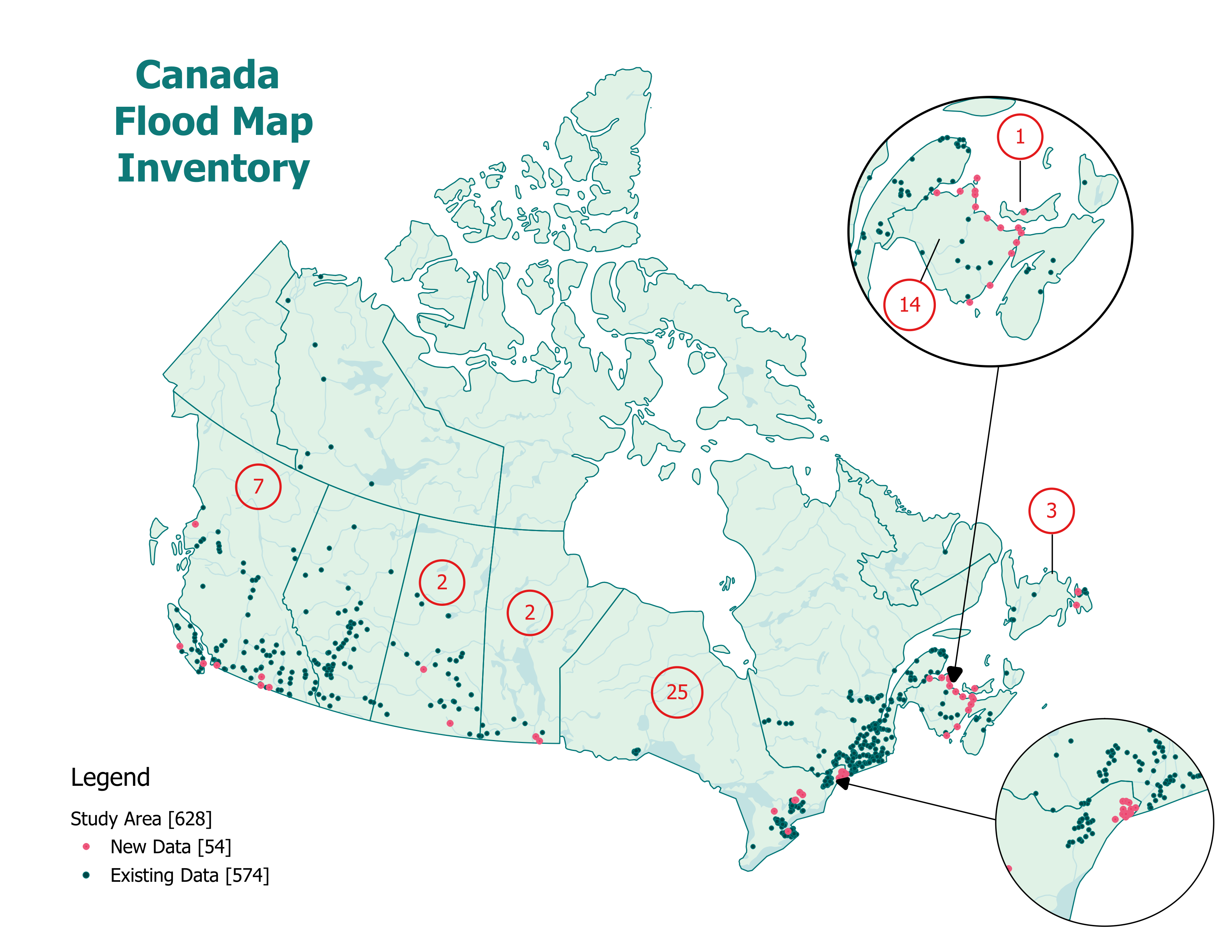 Canada Flood Map Inventory. New data is represented by red dots, and existing data by green dots.