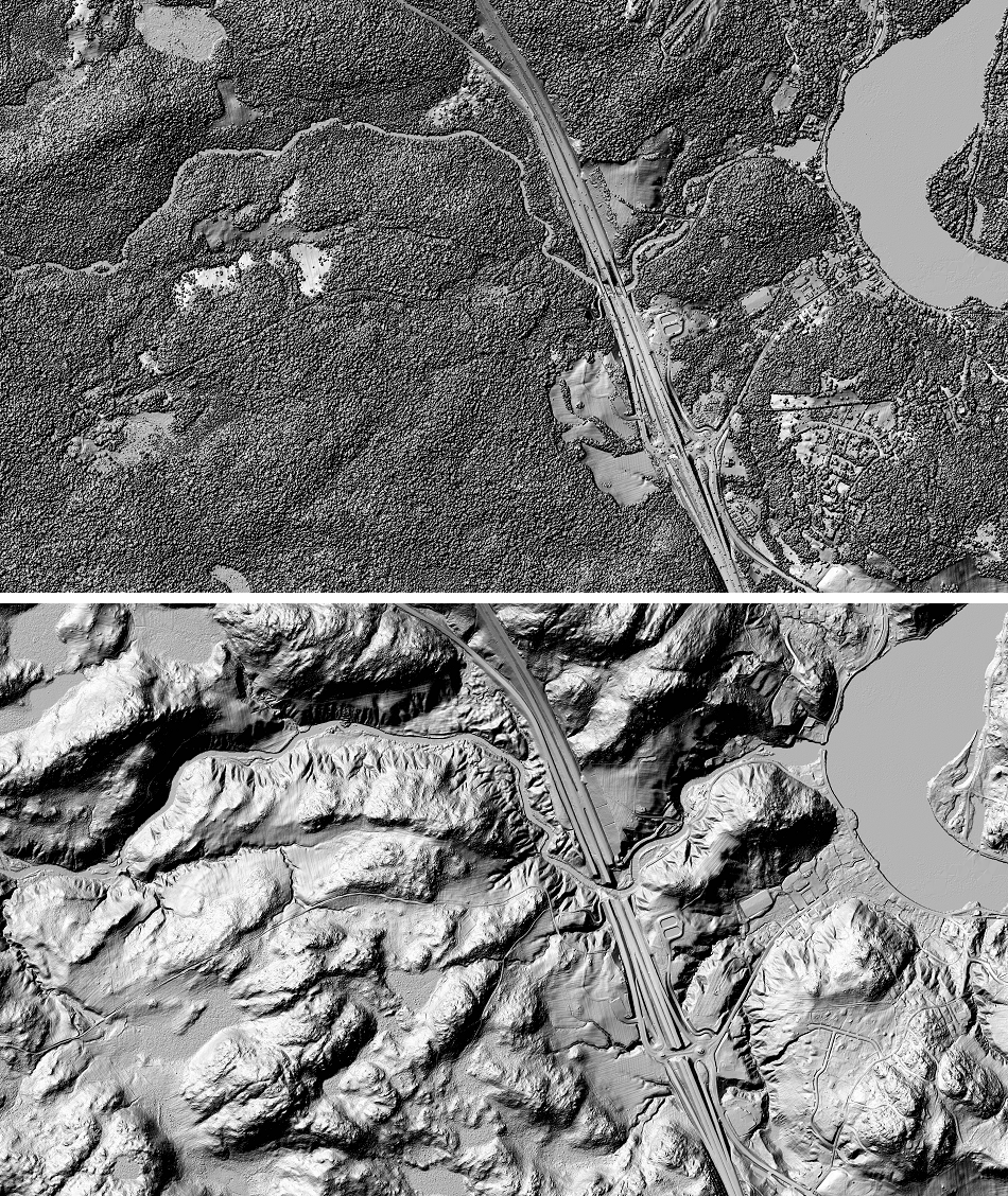 Shaded 3D reliefs of the Digital Surface Model (top image) and the Digital Terrain Model (bottom image) covering the Gatineau River and the Gatineau Highway near Wakefield, Qc.