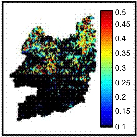 This image shows the estimated soil moisture using Radarsat data. The value varies according to a moisture level of 0.1 to 0.5.